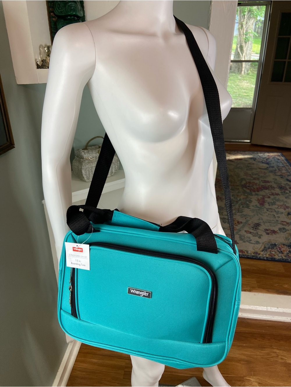 NWT New Wrangler 15” Teal Carry On Boarding Tote Canvas Crossbody Nylon
